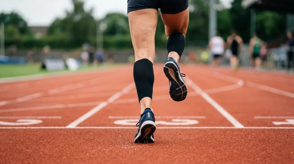 Vue arrière des pieds d'un coureur en pleine foulée pour observer le mouvement de pronation