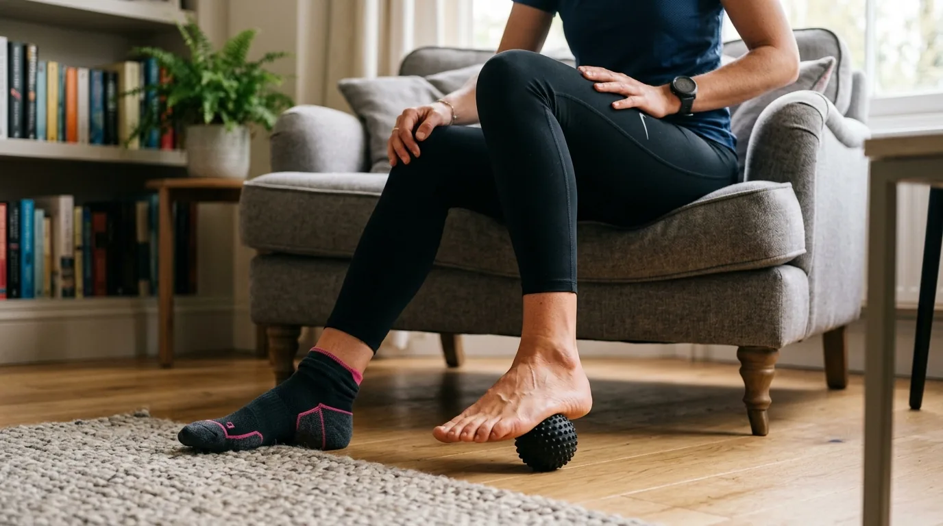 Balle de massage utilisée sous la voûte plantaire d'un coureur assis