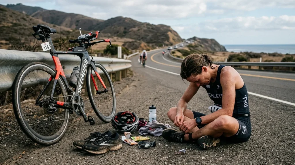 Triathlète épuisé assis au sol après une séance d'entraînement, tête baissée