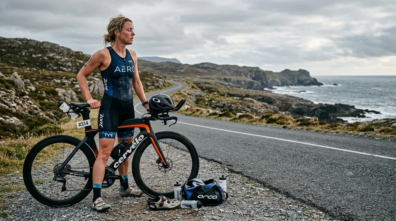 Triathlète debout près de son matériel, regard fatigué et découragé avant une séance