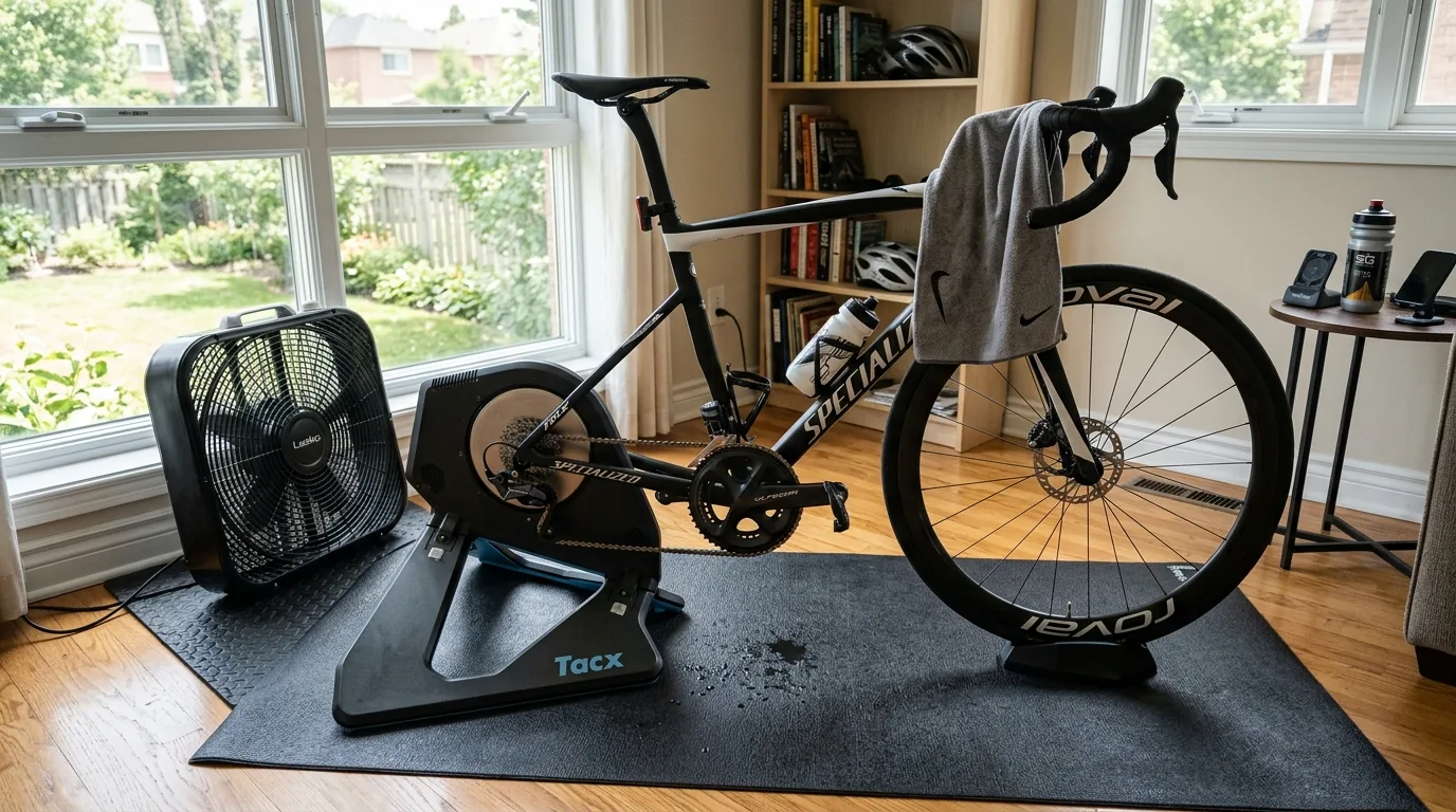 Home trainer posé sur un tapis épais à côté d'une fenêtre avec un ventilateur