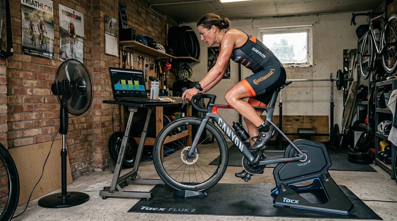 Triathlète en séance d'intervalles sur home trainer avec un ventilateur en face