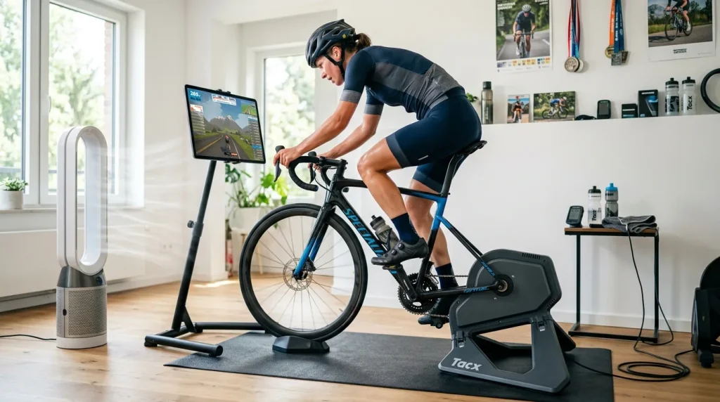 Cycliste pédalant sur un home trainer direct drive avec une tablette d'entraînement