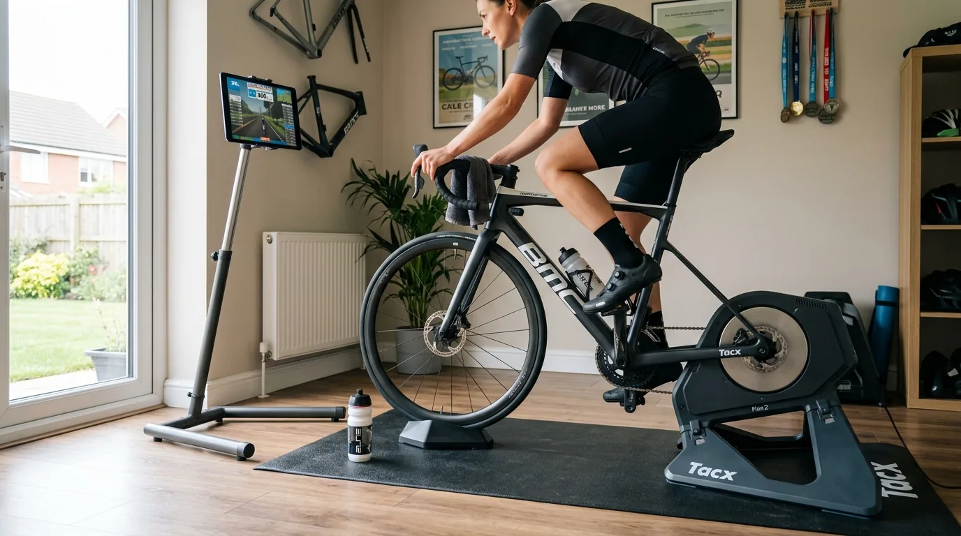 Vélo de route monté sur un home trainer direct drive dans une pièce d'entraînement