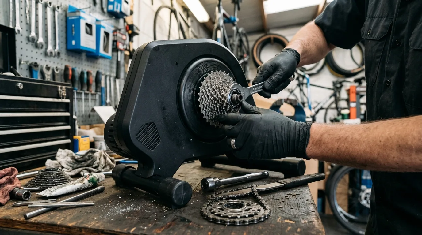 Mains installant une cassette sur le corps de roue libre d'un home trainer