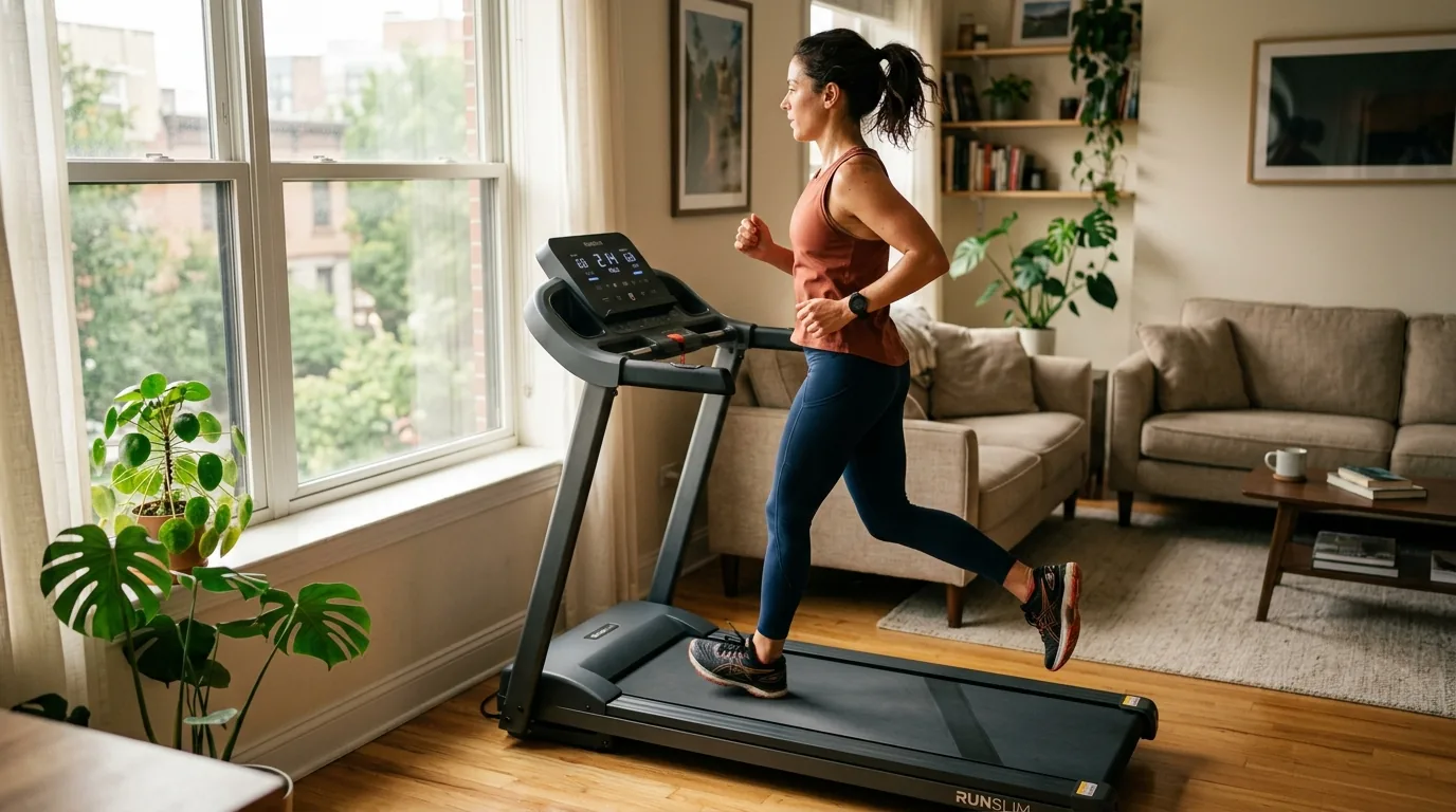 Coureur sur un tapis de course pliable installé dans un petit salon lumineux
