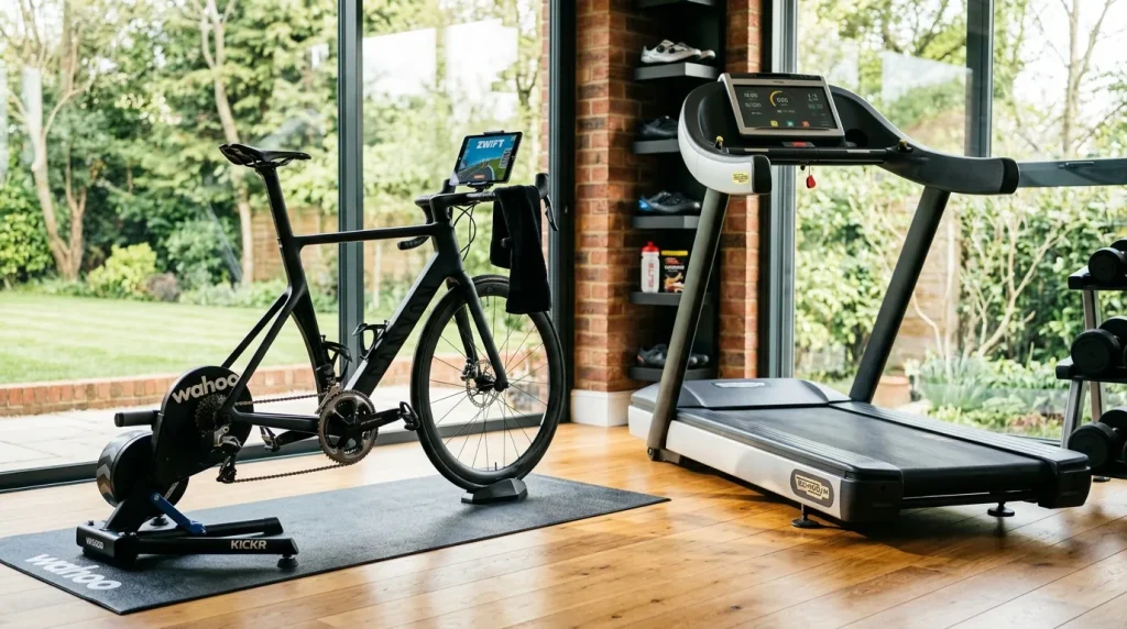 Vélo sur home trainer et tapis de course côte à côte dans une salle de sport à domicile