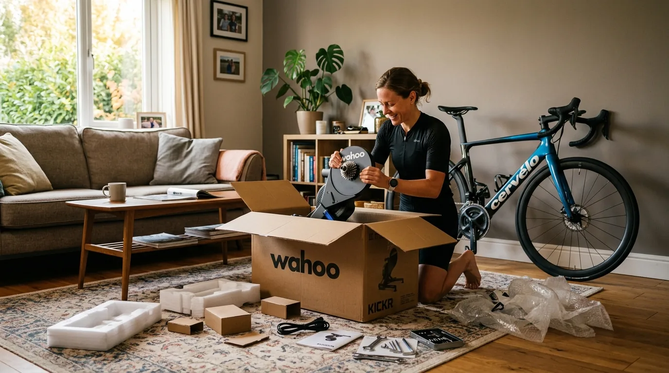 Triathlète déballant un home trainer dans son salon avec un vélo de route appuyé au mur
