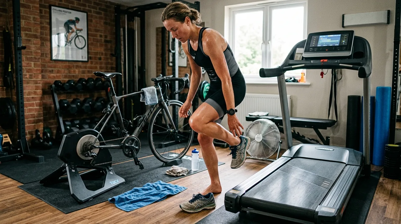 Triathlète descendant de son vélo sur home trainer pour enchaîner sur un tapis de course chez lui