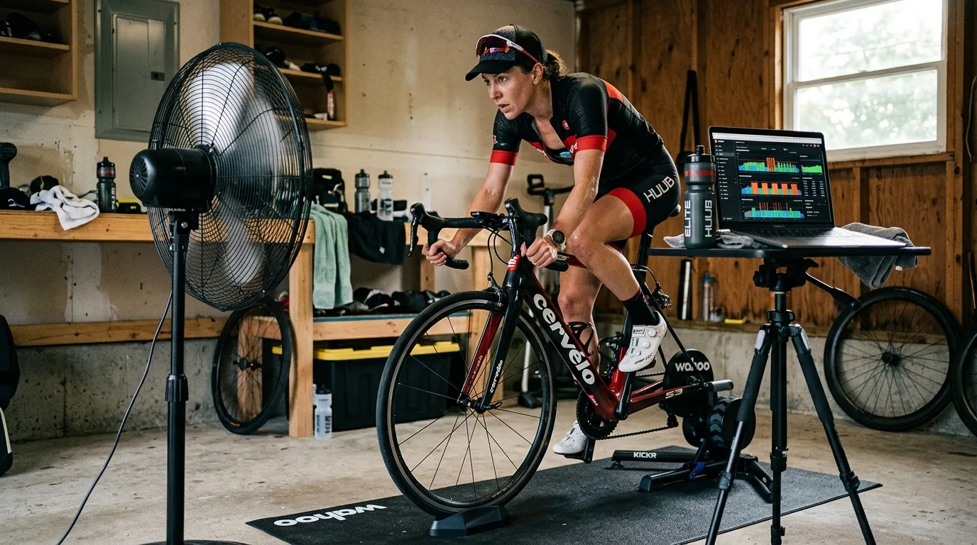 Triathlète en plein effort sur home trainer devant un ventilateur et un ordinateur affichant sa séance