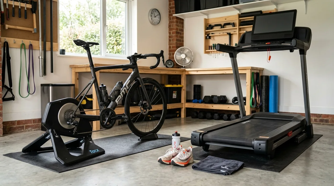 Vélo de route sur home trainer à côté d'un tapis de course dans un garage aménagé en salle de sport