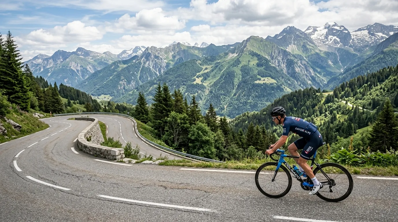 Cycliste franchissant un col savoyard lors de l'épreuve vélo