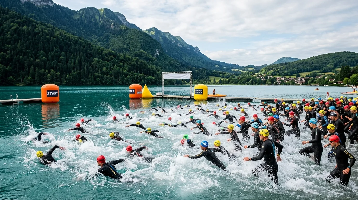Départ de la natation sur le lac d'Aiguebelette entouré de montagnes