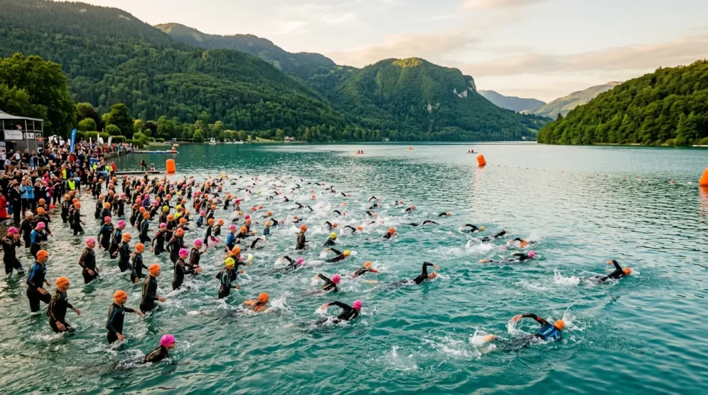 Triathlètes s'élançant dans les eaux du lac d'Aiguebelette au lever du jour