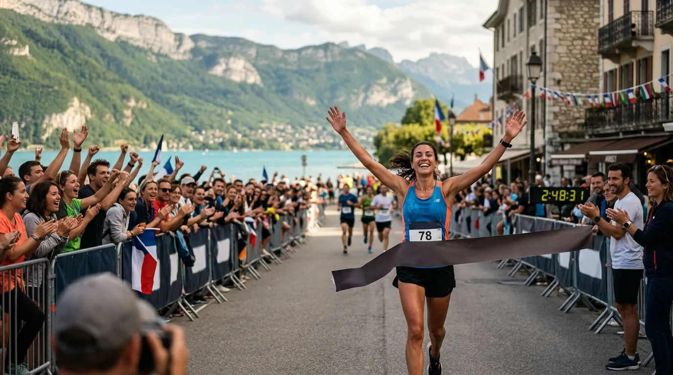 Coureur franchissant l'arrivée sur l'esplanade du Pâquier à Annecy