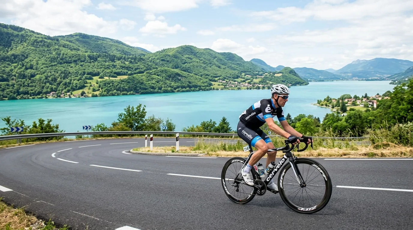 Cycliste longeant le lac d'Annecy avec les sommets alpins en arrière-plan
