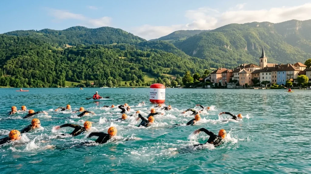 Triathlètes nageant dans le lac d'Annecy avec les montagnes alpines en arrière-plan