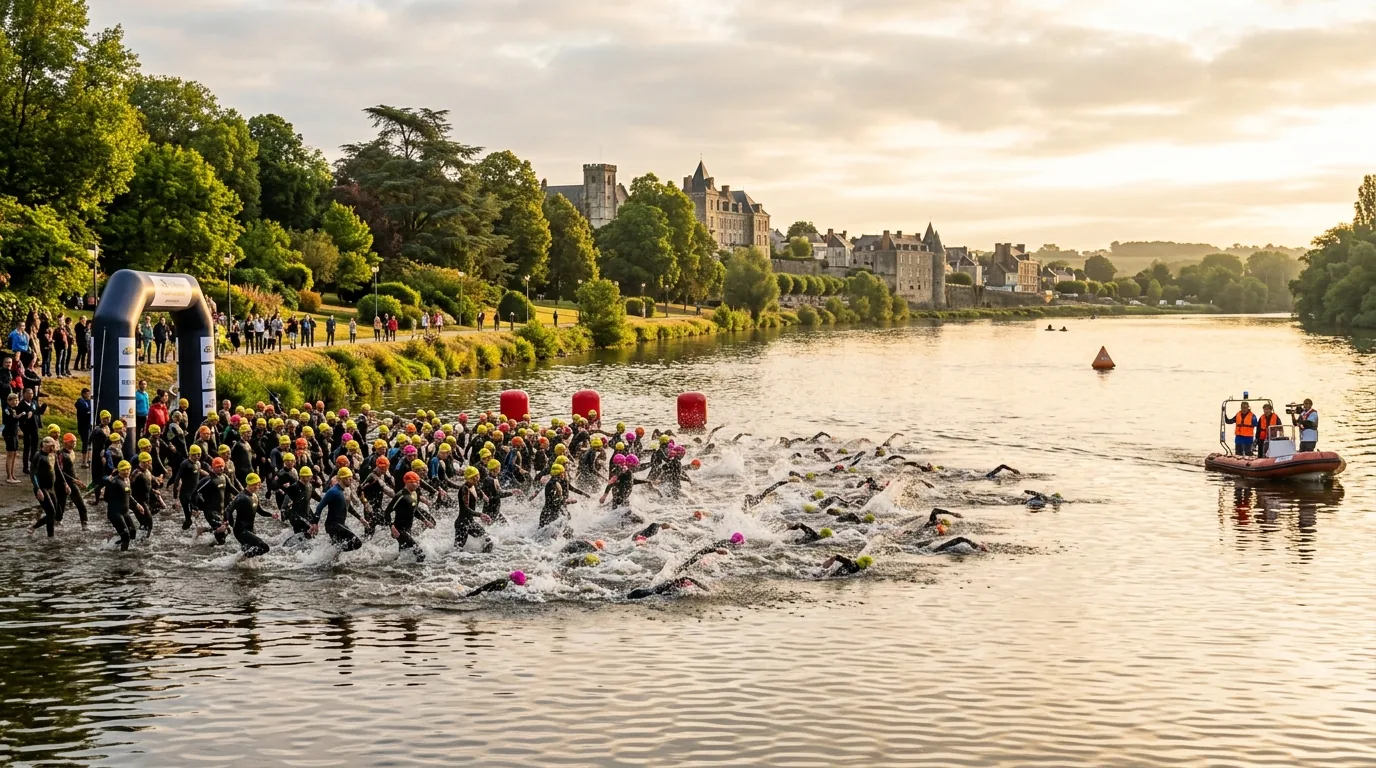 Départ groupé de la natation sur la rivière Mayenne à Château-Gontier