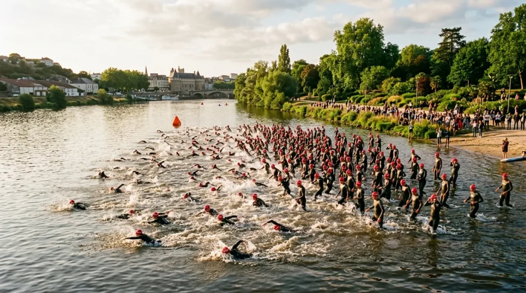 Départ groupé de la natation sur la rivière Mayenne à Château-Gontier