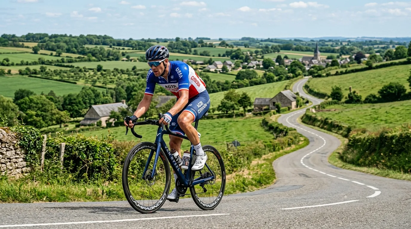Cycliste en pleine ascension d'une côte vallonnée du Pays d'Auge