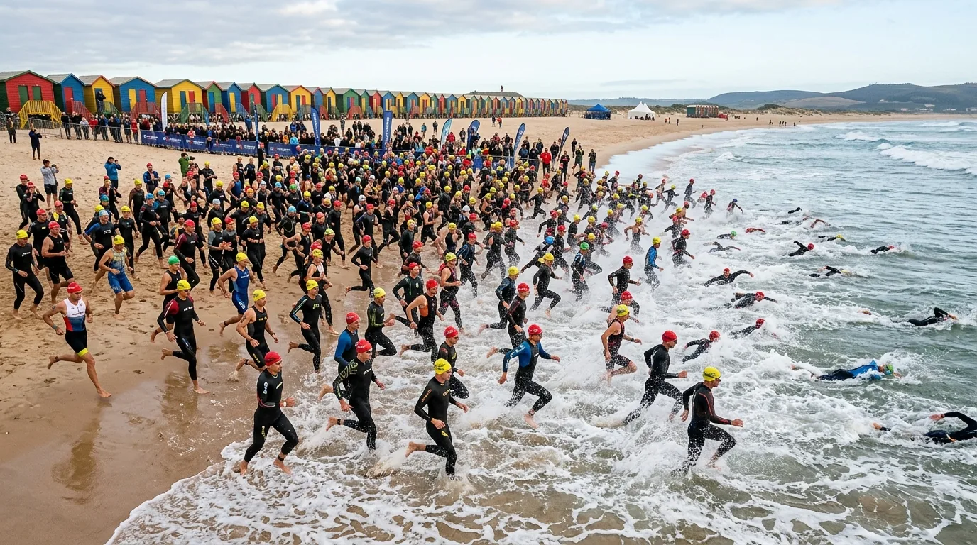 Départ en masse des triathlètes sur la plage de Deauville au petit matin