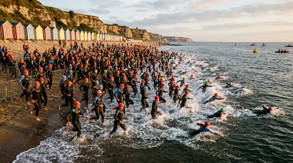 Départ groupé du triathlon sur la plage de Deauville face aux cabines colorées
