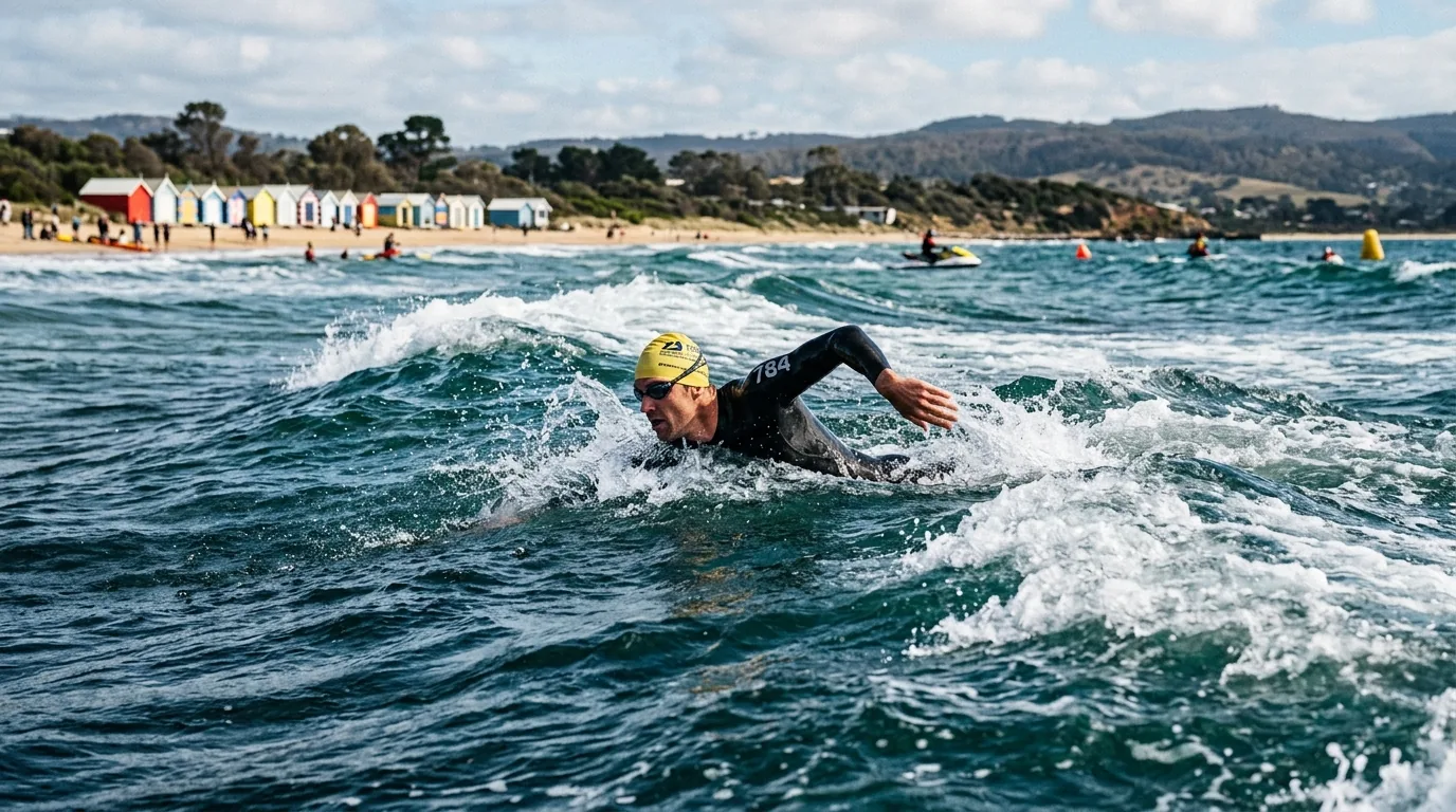 Triathlète nageant en pleine mer face à la plage de Deauville