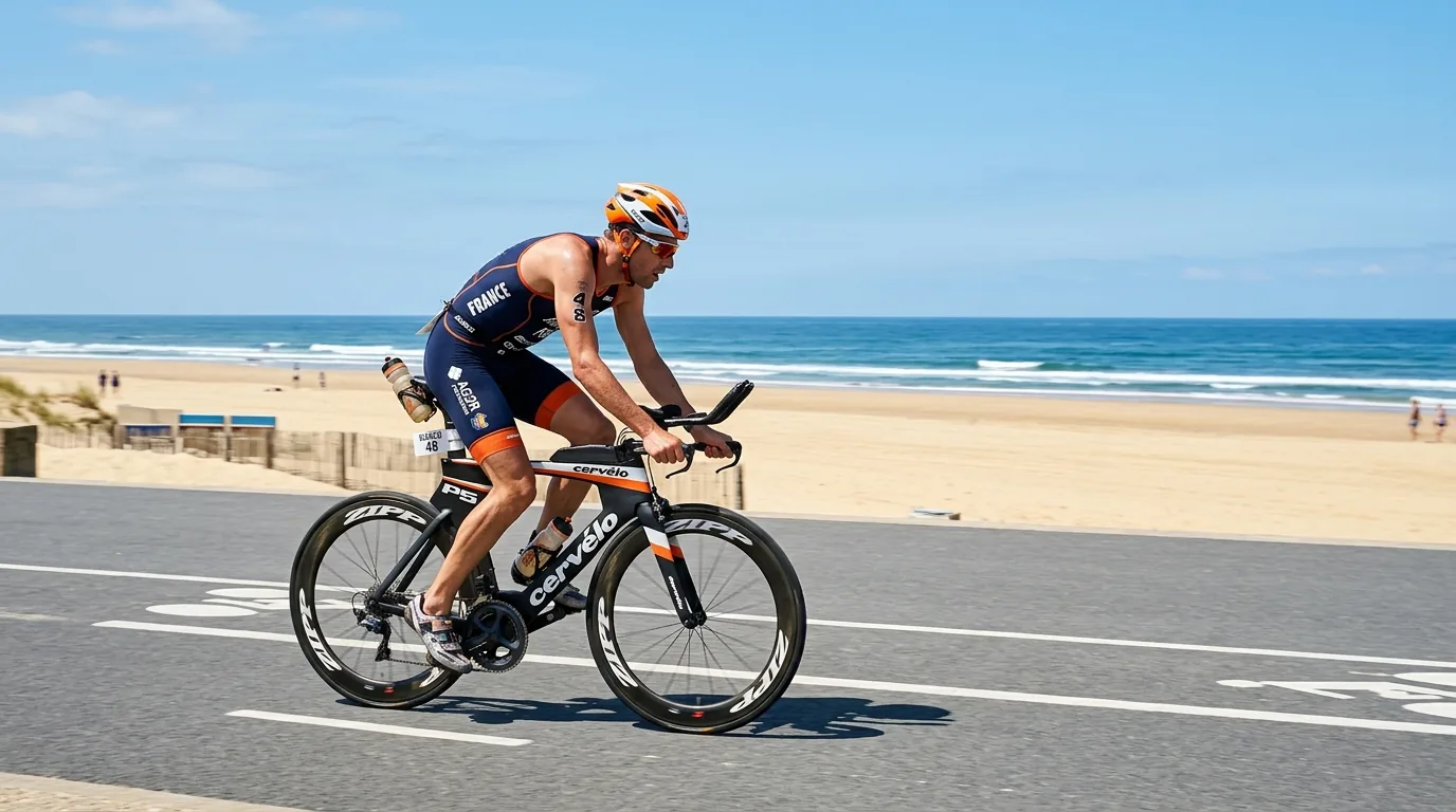 Cycliste sur le remblai plat de La Baule lors de l'épreuve vélo