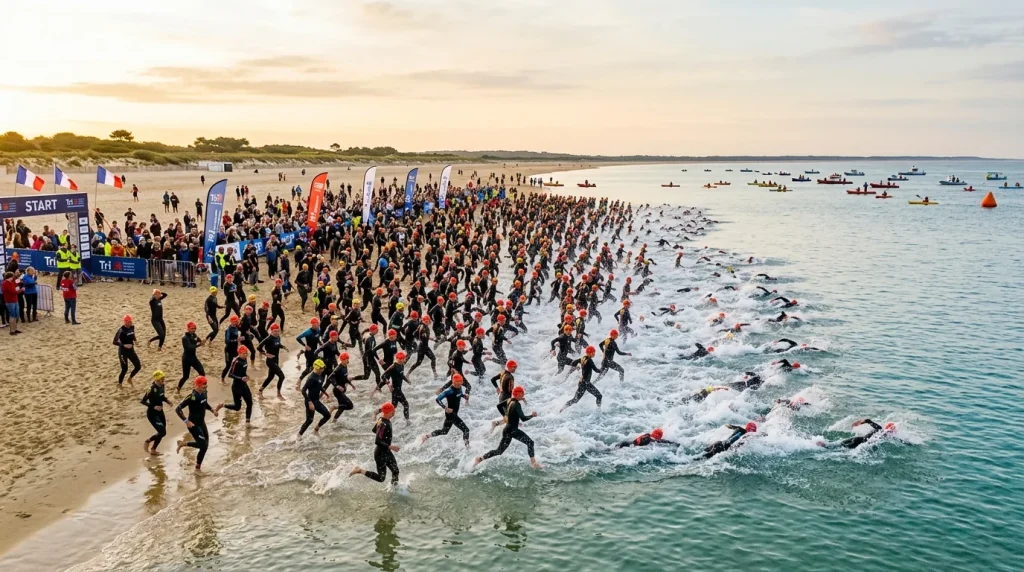 Départ groupé du triathlon sur la grande plage de La Baule-Escoublac