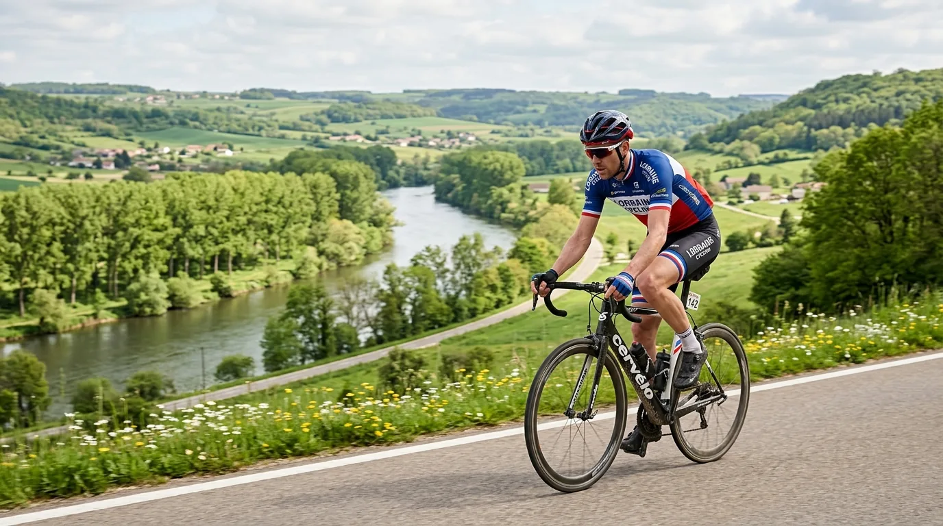 Cycliste sur une route plate de la vallée de la Moselle au printemps