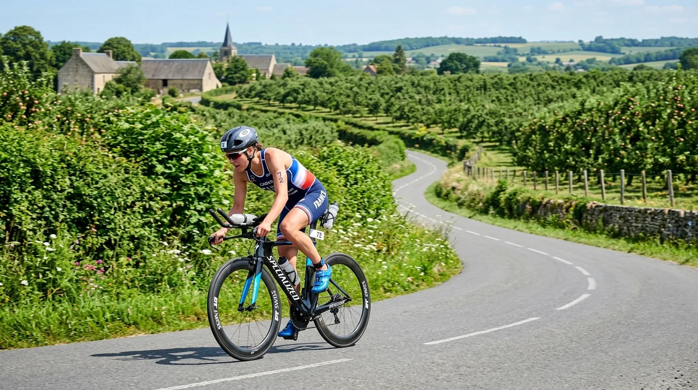 Cycliste sur une route de campagne du Pays d'Auge près du lac de Pont-l'Évêque