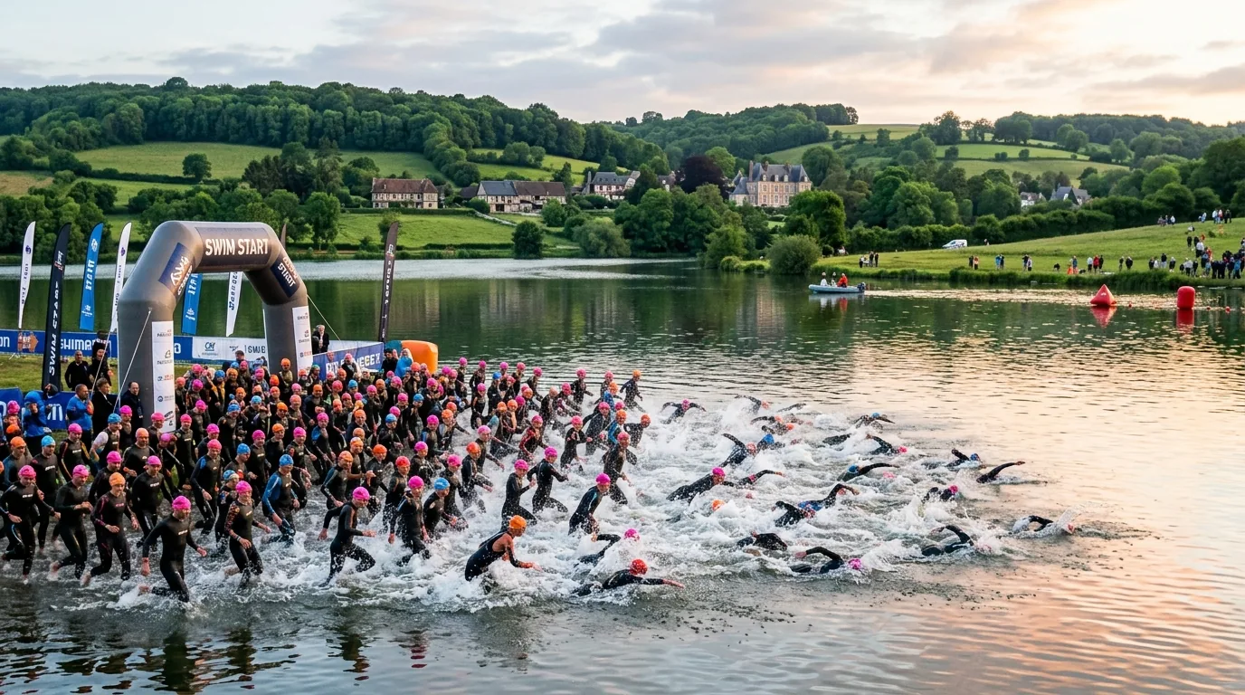 Départ groupé de la natation sur le lac de Pont-l'Évêque en Normandie