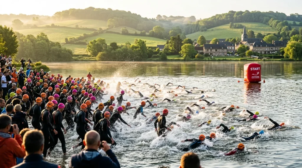 Départ du Triathlon des Vikings sur le lac de Pont-l'Évêque au lever du jour
