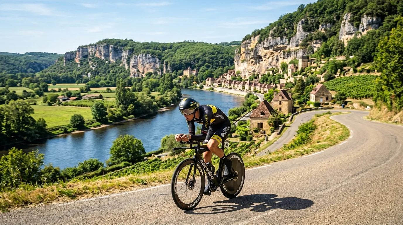 Cycliste longeant la vallée du Lot lors de l'épreuve vélo