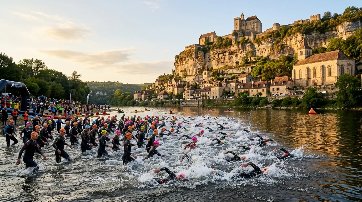 Départ de la natation sur le Lot au pied du village de Saint-Cirq-Lapopie
