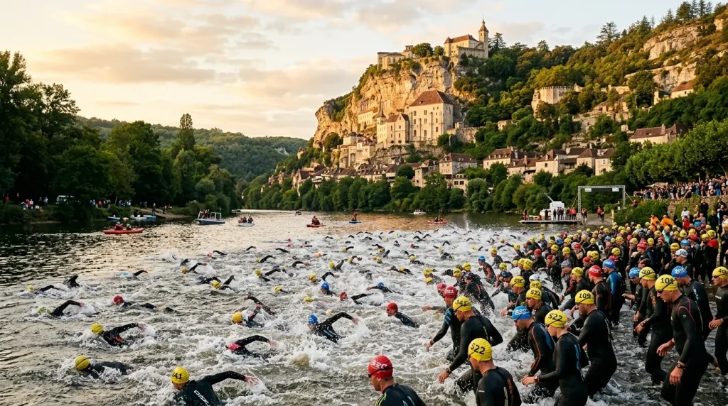 Départ de la natation sur le Lot au pied du village médiéval de Saint-Cirq-Lapopie