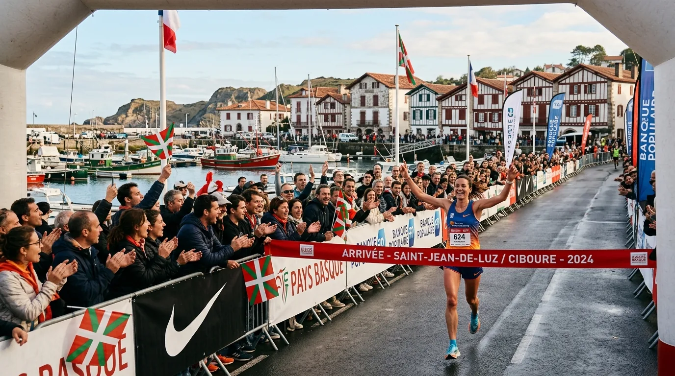Arrivée d'un triathlète près du port dans une ambiance festive