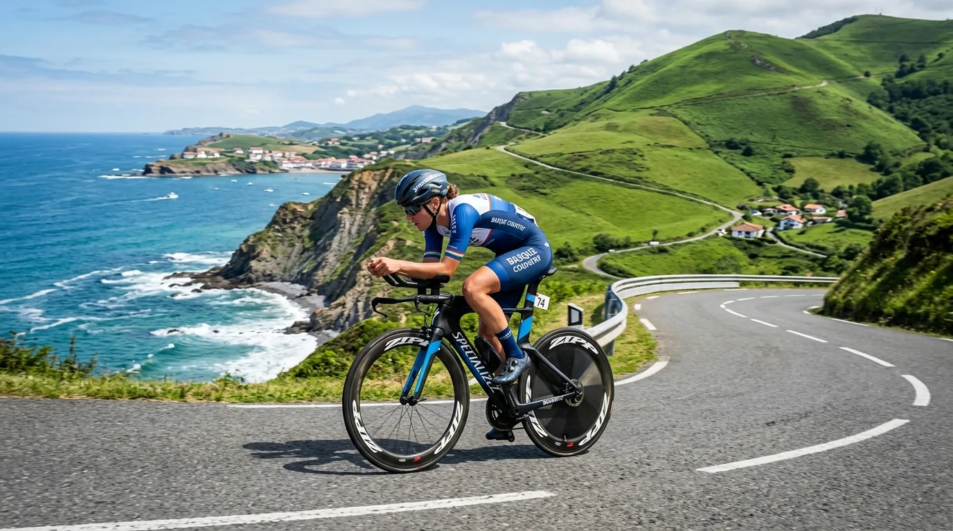 Cycliste sur la route côtière entre mer et collines du Pays basque