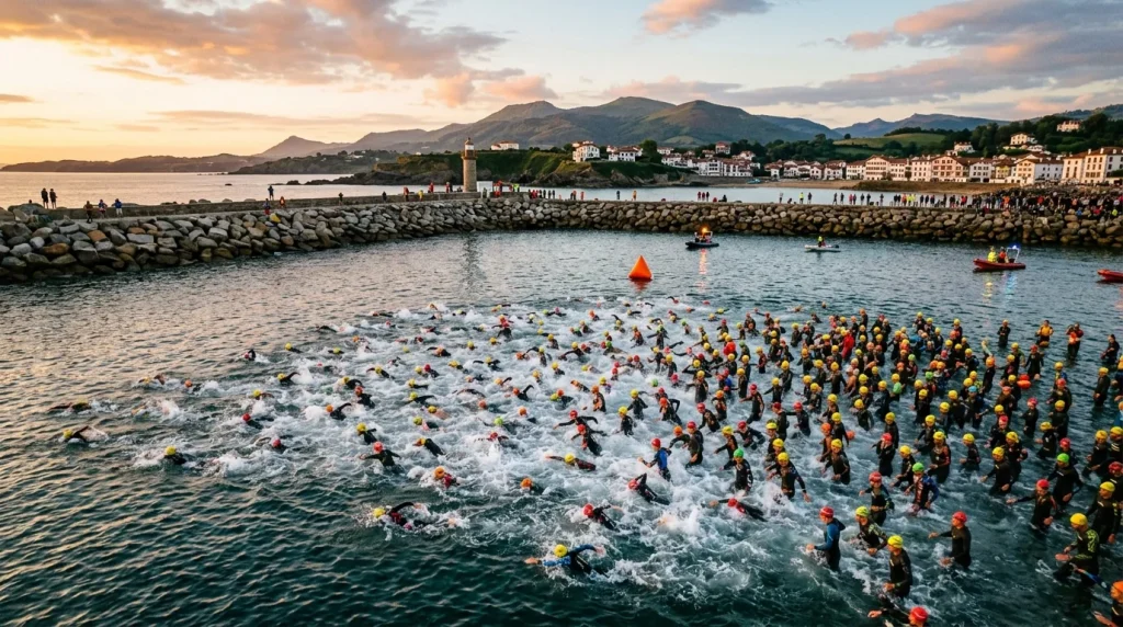 Départ groupé du triathlon dans la baie abritée de Saint-Jean-de-Luz