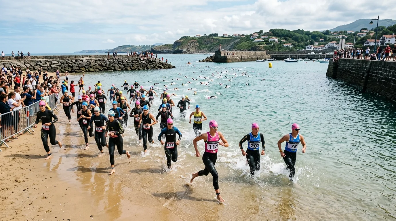 Triathlètes s'élançant dans la baie abritée au départ de la natation
