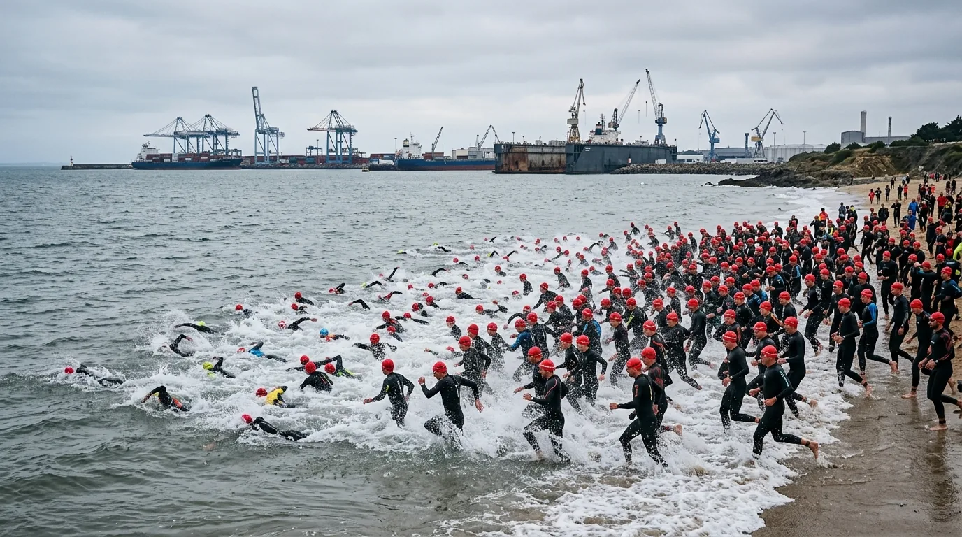 Départ groupé de la natation sur une plage atlantique de Saint-Nazaire