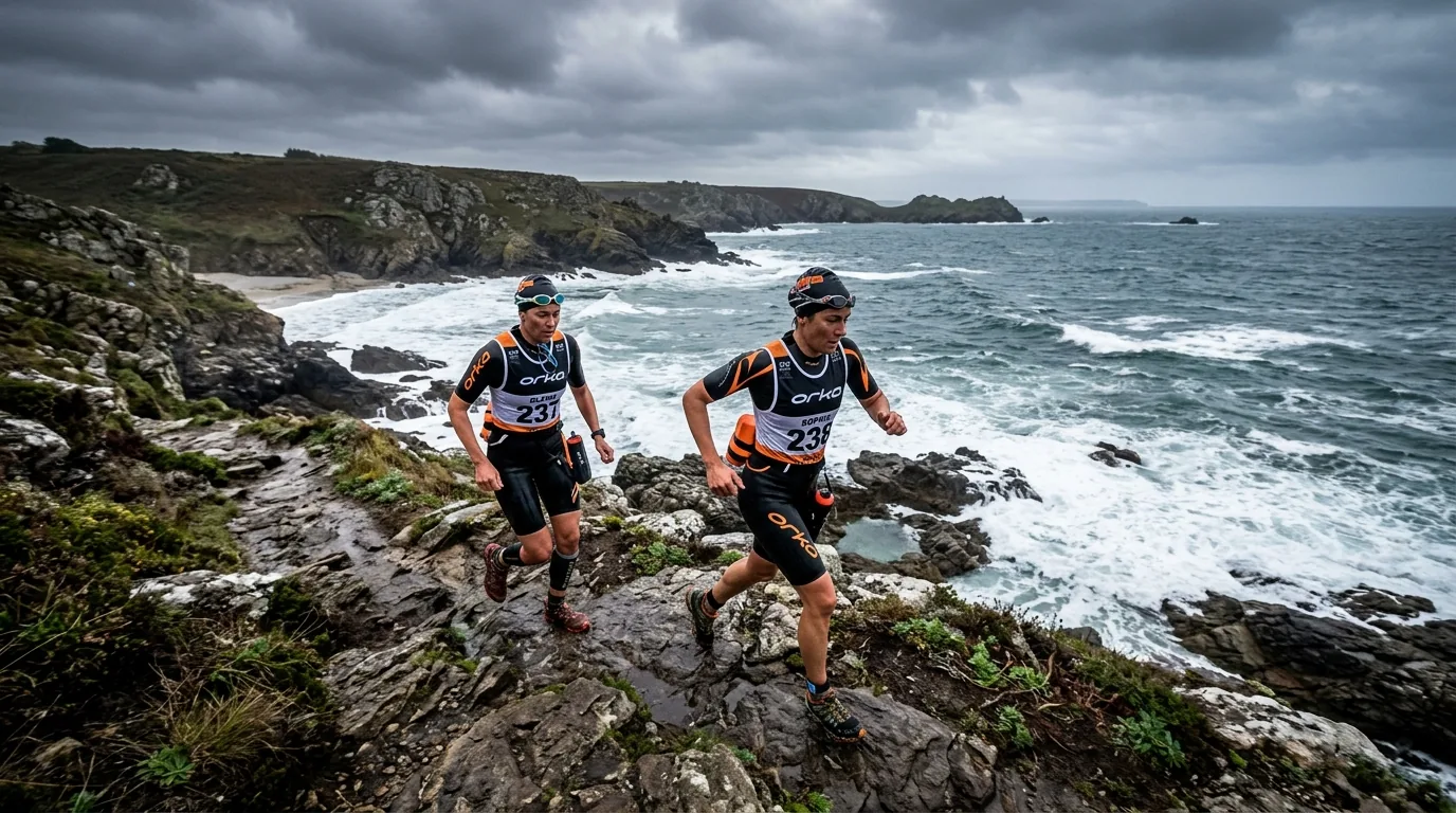 Deux athlètes de swimrun en combinaison quittant l'eau pour rejoindre un sentier côtier