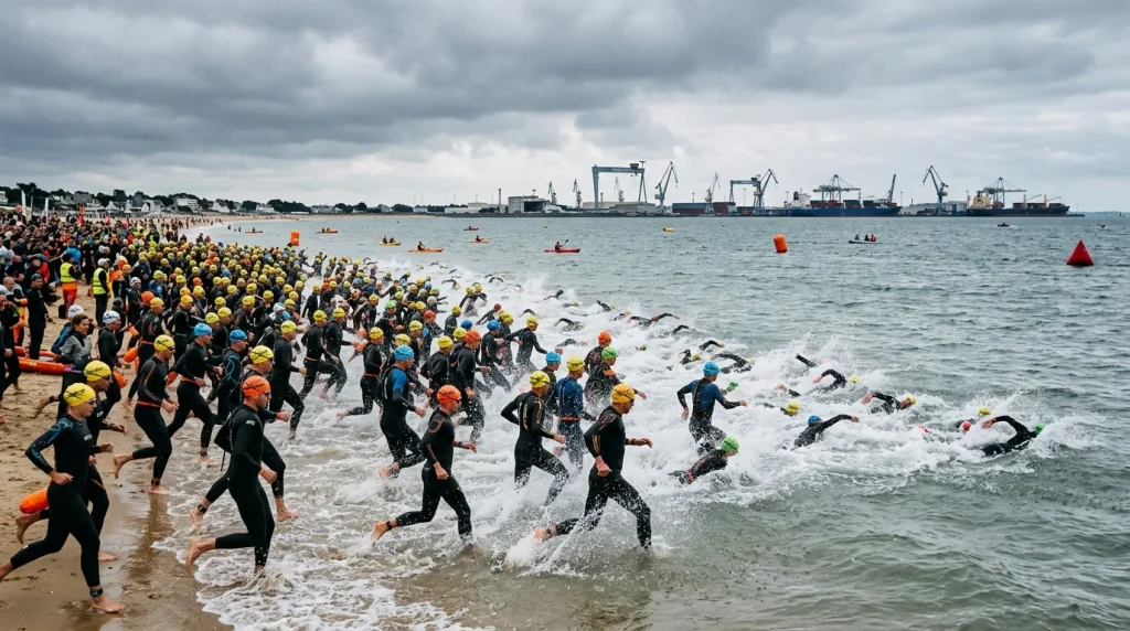 Départ groupé de la natation sur une plage de Saint-Nazaire avec le port en arrière-plan