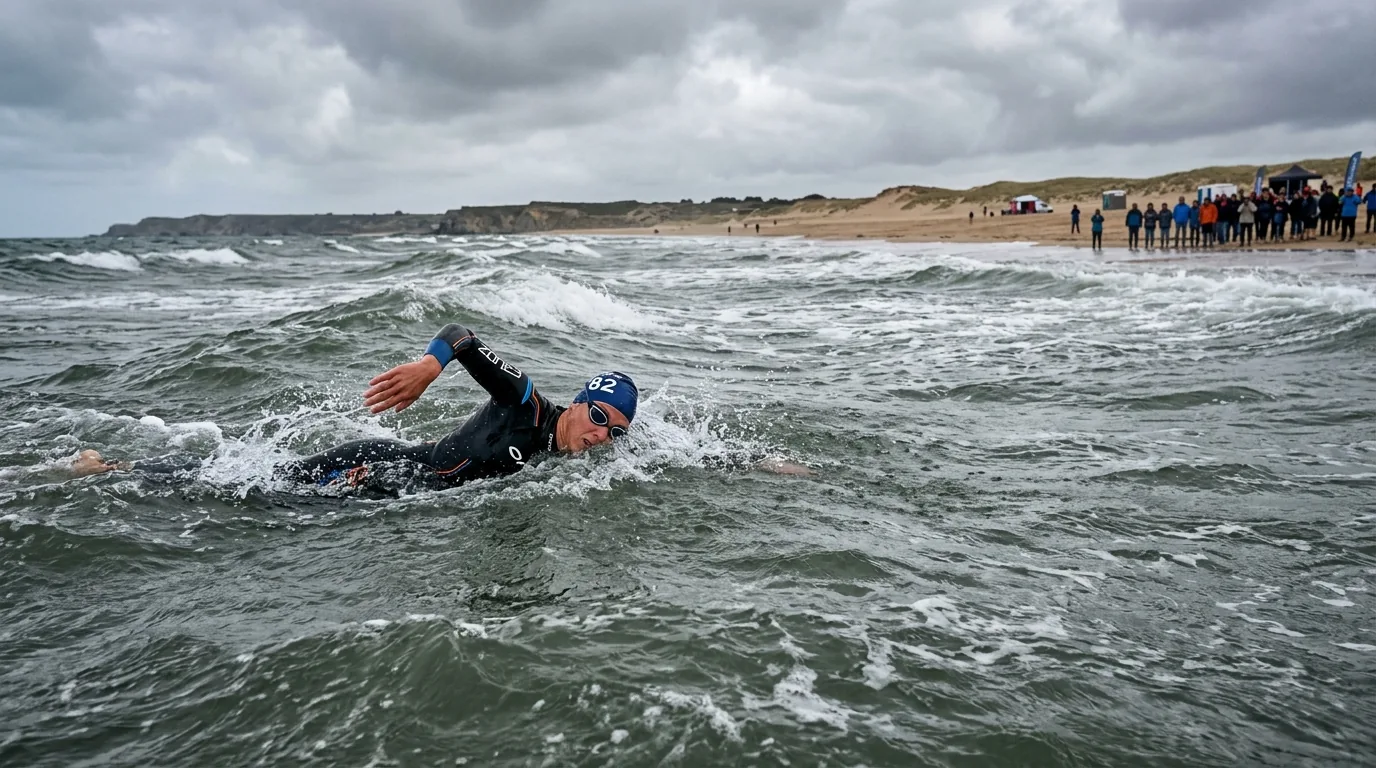 Triathlète en combinaison nageant dans l'eau atlantique près d'une plage