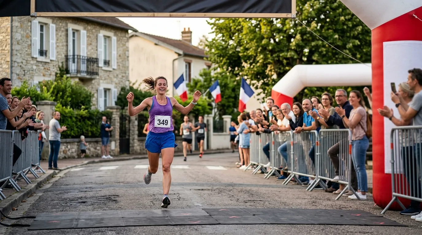 Coureur terminant les 5 km de course à pied dans une ville de banlieue