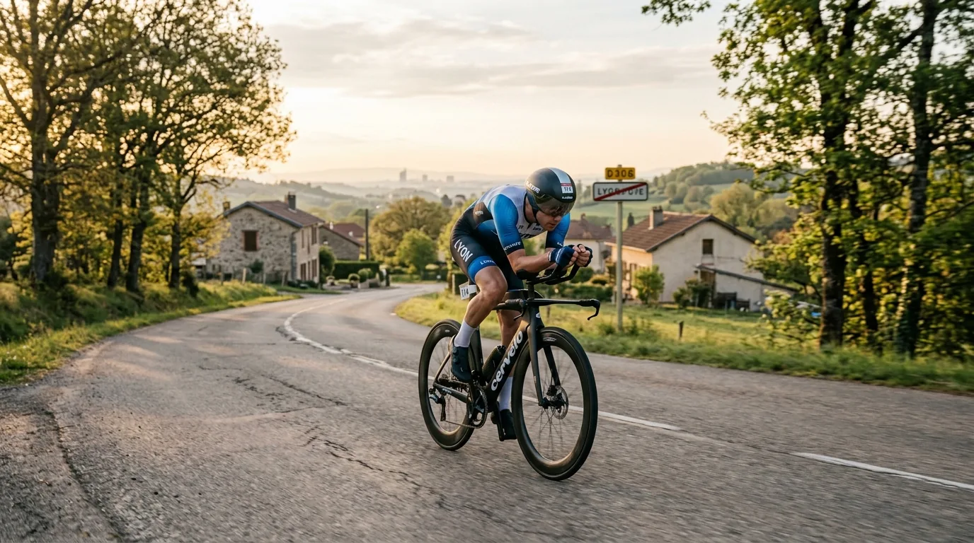 Cycliste en position aéro seul sur une route lors d'un contre-la-montre