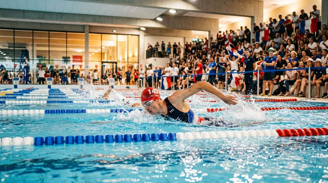 Triathlète nageant dans un couloir de piscine intérieure lors d'une compétition