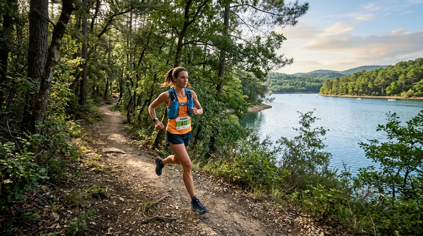 Coureur sur les sentiers ombragés de la base de la Ramée