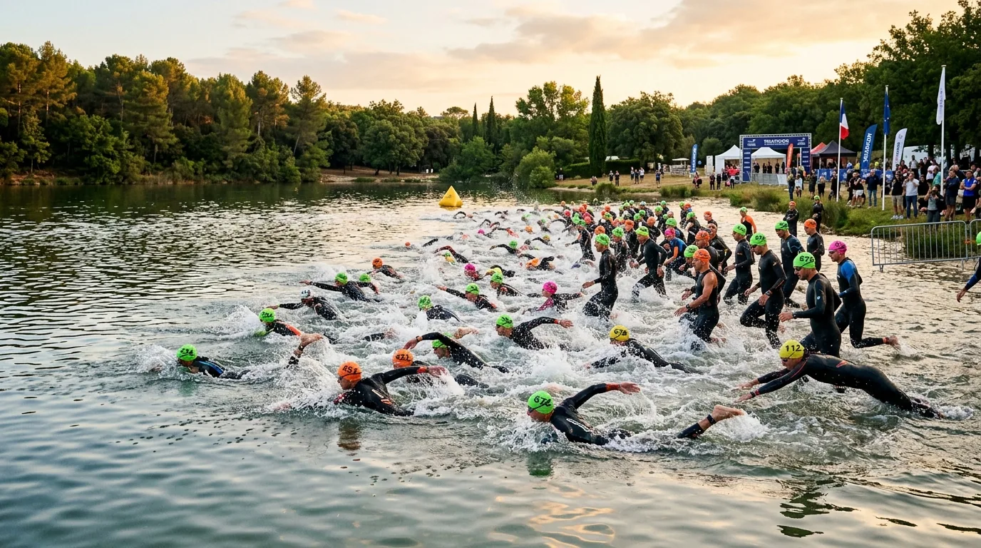 Départ groupé de la natation sur le plan d'eau de la base de la Ramée