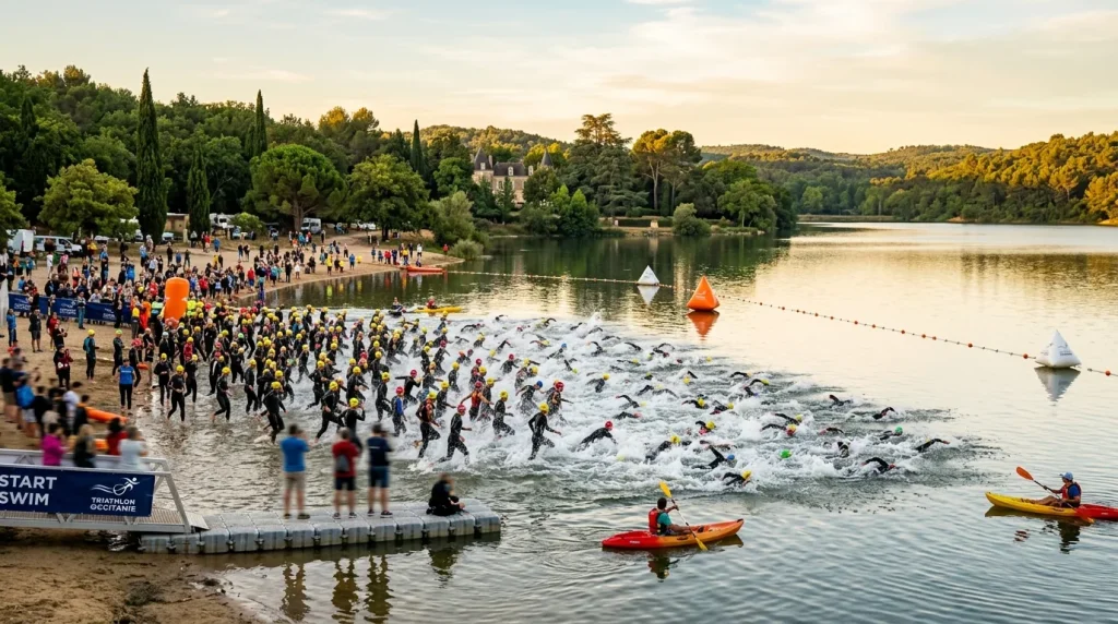 Départ groupé du triathlon de Toulouse sur le plan d'eau de la base de la Ramée